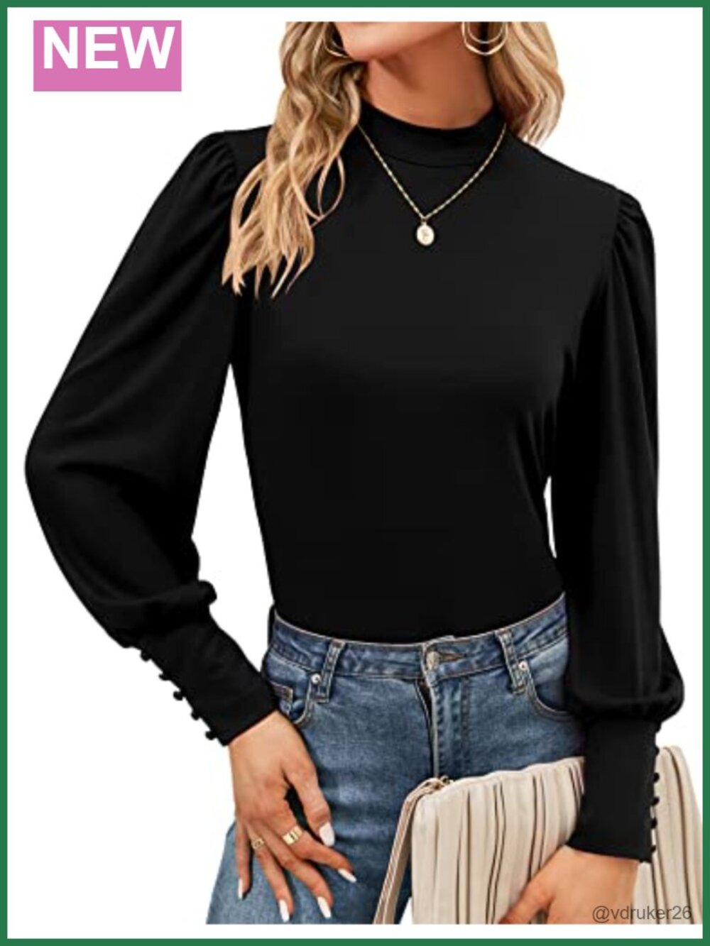 Mock Neck Puff Long Sleeve Blouse Women's Turtleneck Button Cuff Top